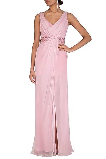 Pink Chiffon Embroidered Drape Gown Set