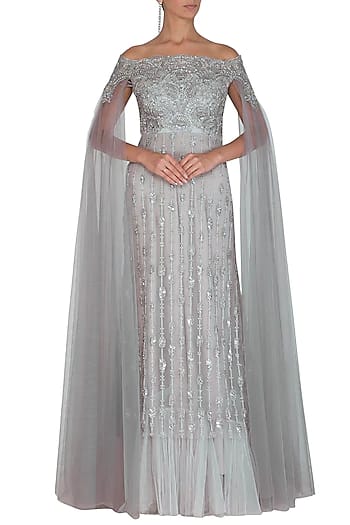 Grey Off Shoulder Gown Set