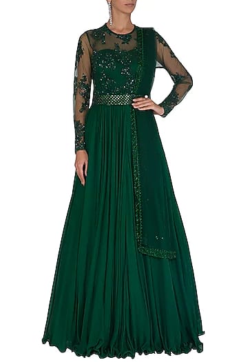 Green Embroidered Anarkali Set