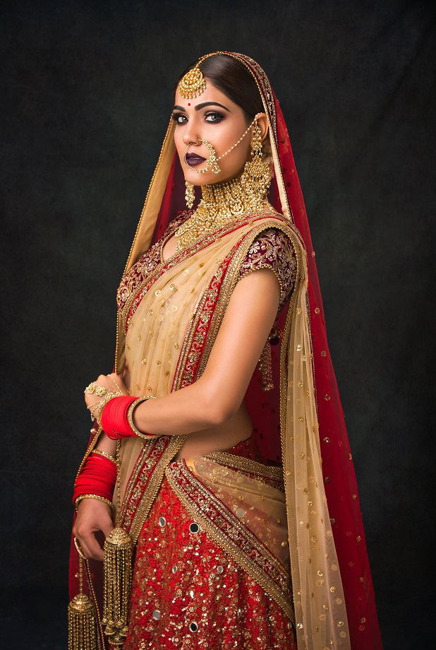 Coral Red Crusting Lehenga Set