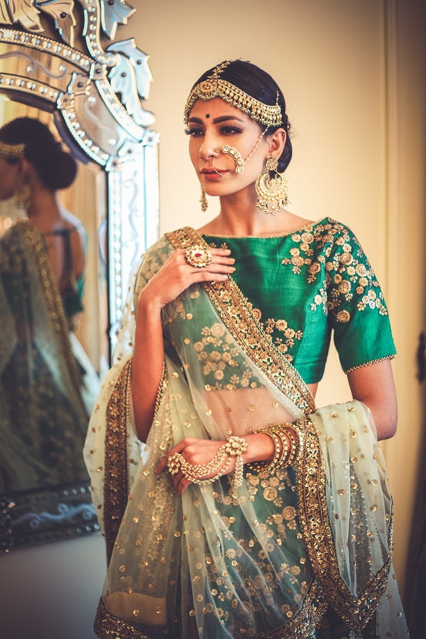 Green Raw Silk Lehenga Set