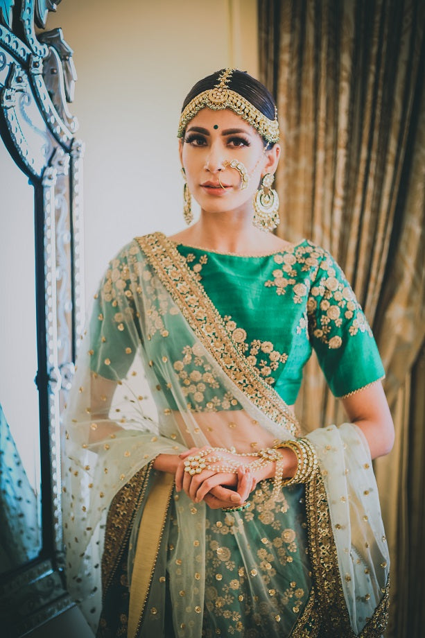 Green Raw Silk Lehenga Set