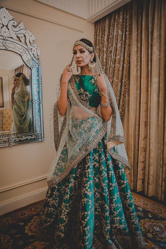 Green Raw Silk Lehenga Set